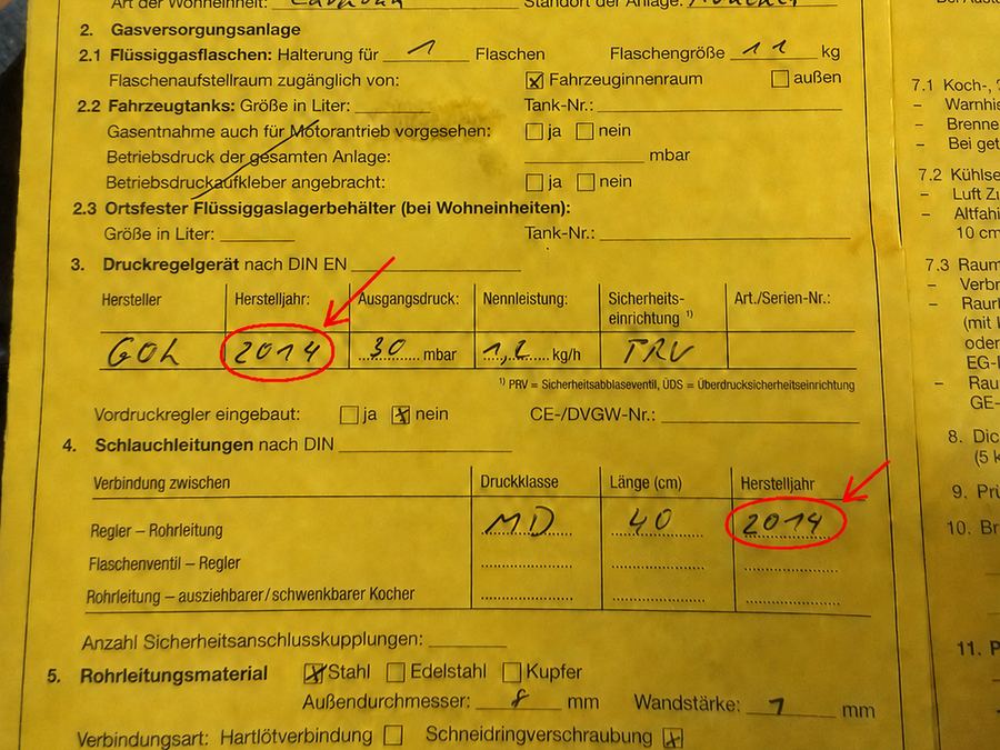 Prüfbescheinigung nach DVGW G 607 mit eingetragenem Herstelljahr von Regler und Schlauch